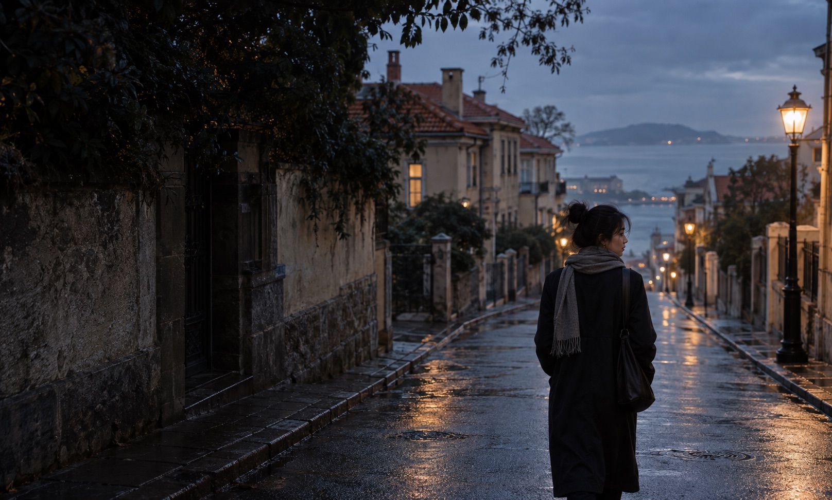 雨后的青岛街头，一位女性沿着坡路缓慢走向海边，路灯在湿润的街面留下琥珀色倒影。
